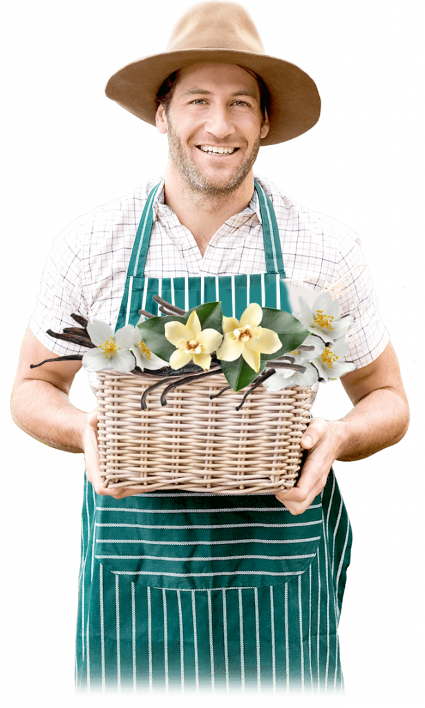 Homme avec un tablier et un chapeau avec un panier de fleurs dans la main